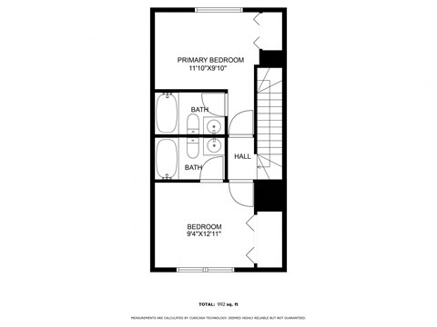 A floor plan of a small apartment with a primary bedroom, a bath, a hallway, and a bedroom.