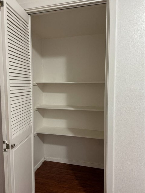 a closet with three shelves in it and a door