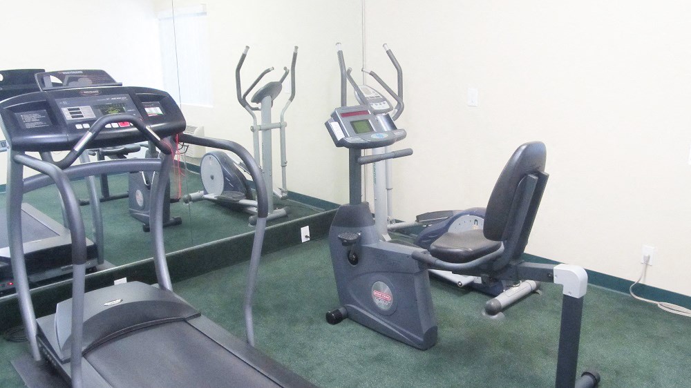 a group of exercise equipment in a gym