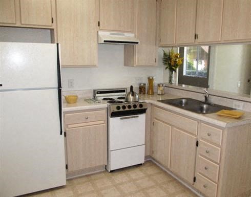 a kitchen with a stove and a sink and a refrigerator