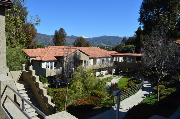 a group of houses with a mountain in the background