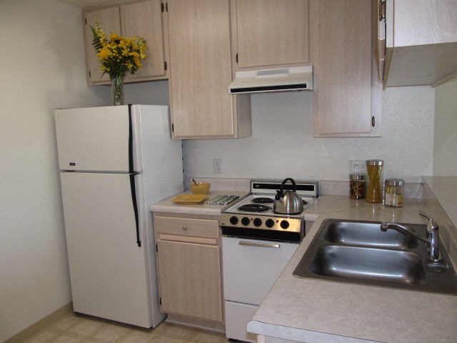 a small kitchen with a sink and a refrigerator