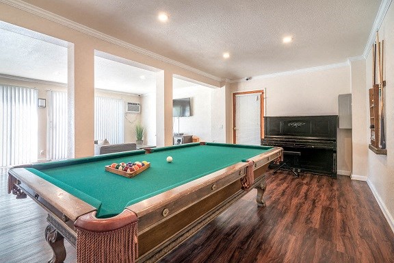 a living room with a pool table and a television