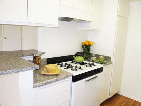 a white kitchen with a stove and a counter top