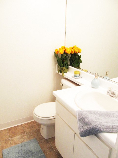 a bathroom with a sink toilet and a vase of flowers