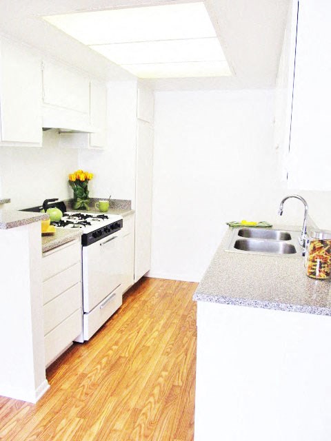 a white kitchen with a sink and a stove