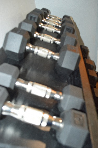 a collection of weights on a table