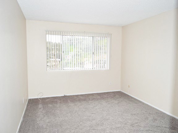 an empty living room with a window and carpet