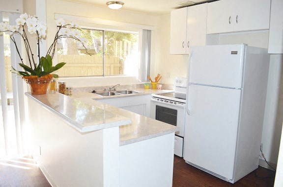 a white kitchen with a refrigerator and a sink