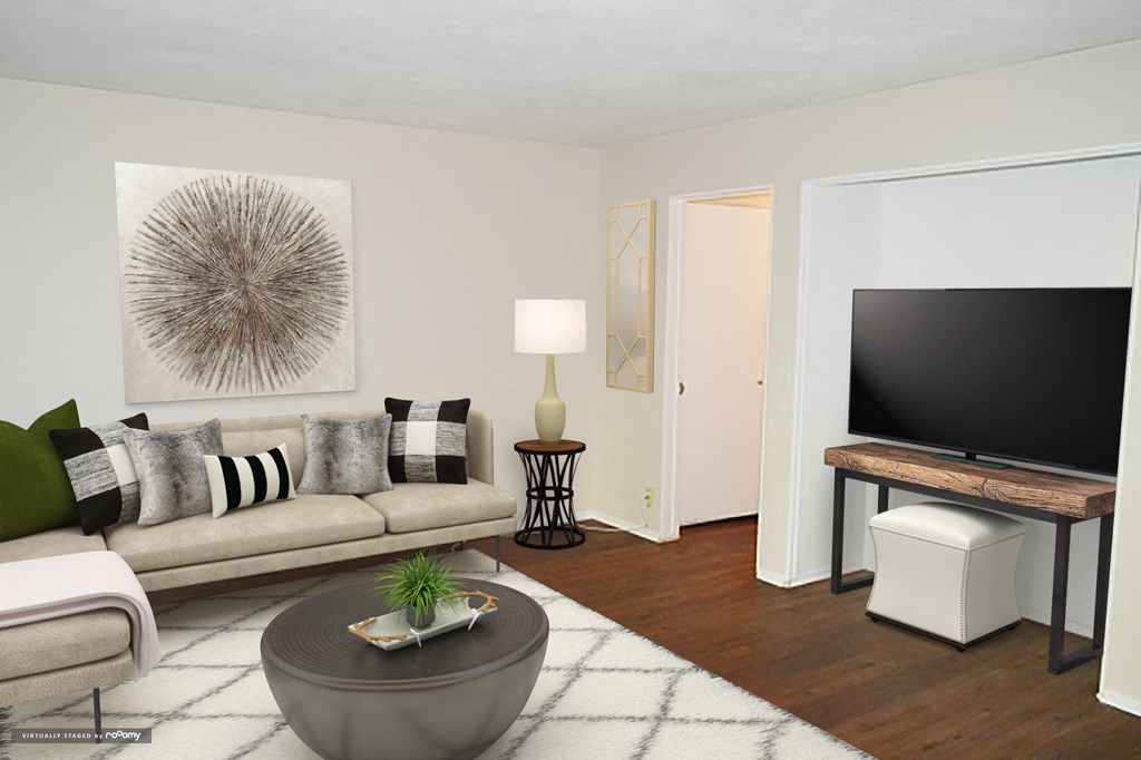 a living room with a couch and a television