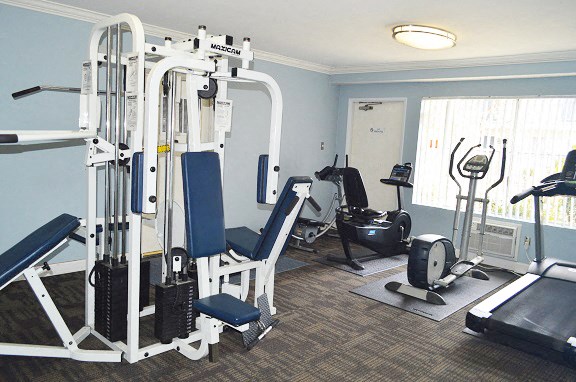 a gym with cardio equipment in a room with a window