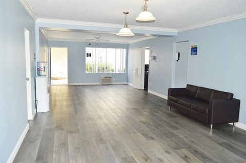 a living room with blue walls and a couch