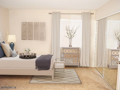 a bedroom with a bed and a window with white curtains