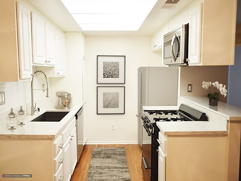 a kitchen with a stove and a microwave and a sink