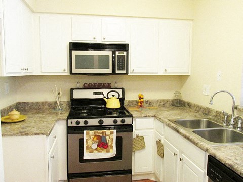 a kitchen with a stove and a microwave and a sink