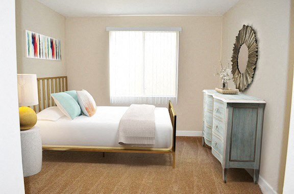 a bedroom with a bed and a dresser and a window