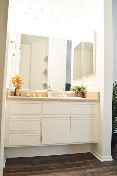 a bathroom with a sink and a mirror