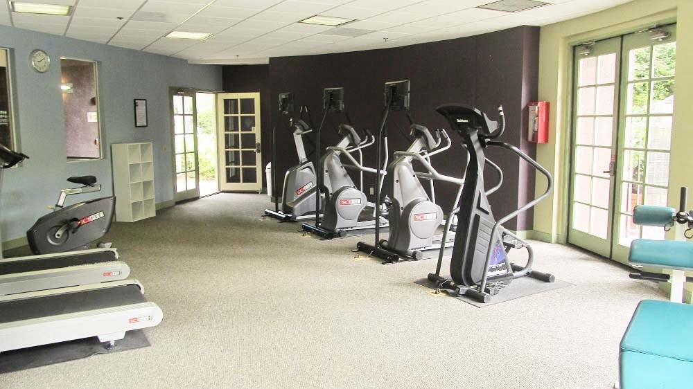 a gym with a row of exercise machines in it