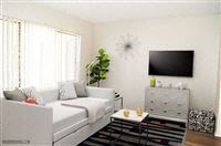 a living room with a white couch and a television