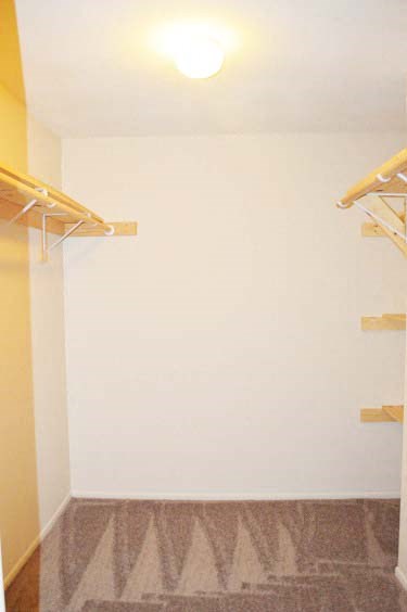 a empty room with a white wall and clothes racks