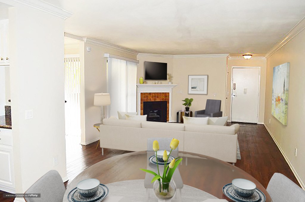 a living room with a couch and a table