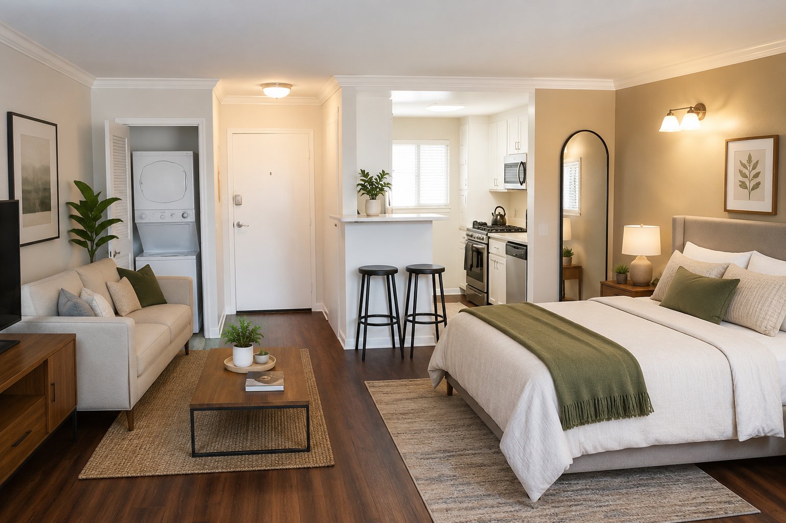 A well-lit bedroom with a large bed and a couch.