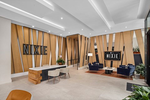 Stylish reception lobby area with MAA Nixie art luxury apartments in Durham, NC