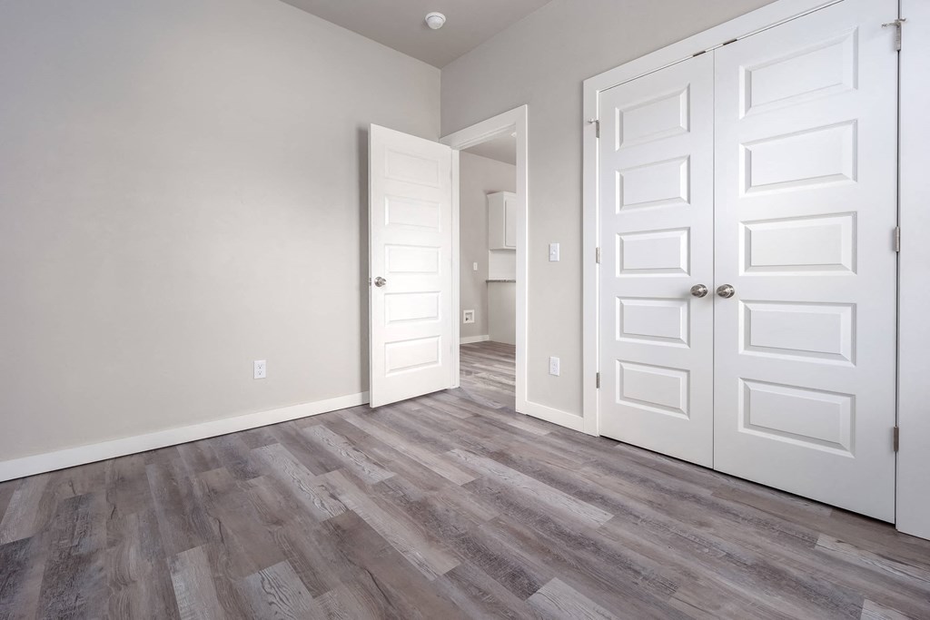 an empty bedroom with white doors and a door to a closet