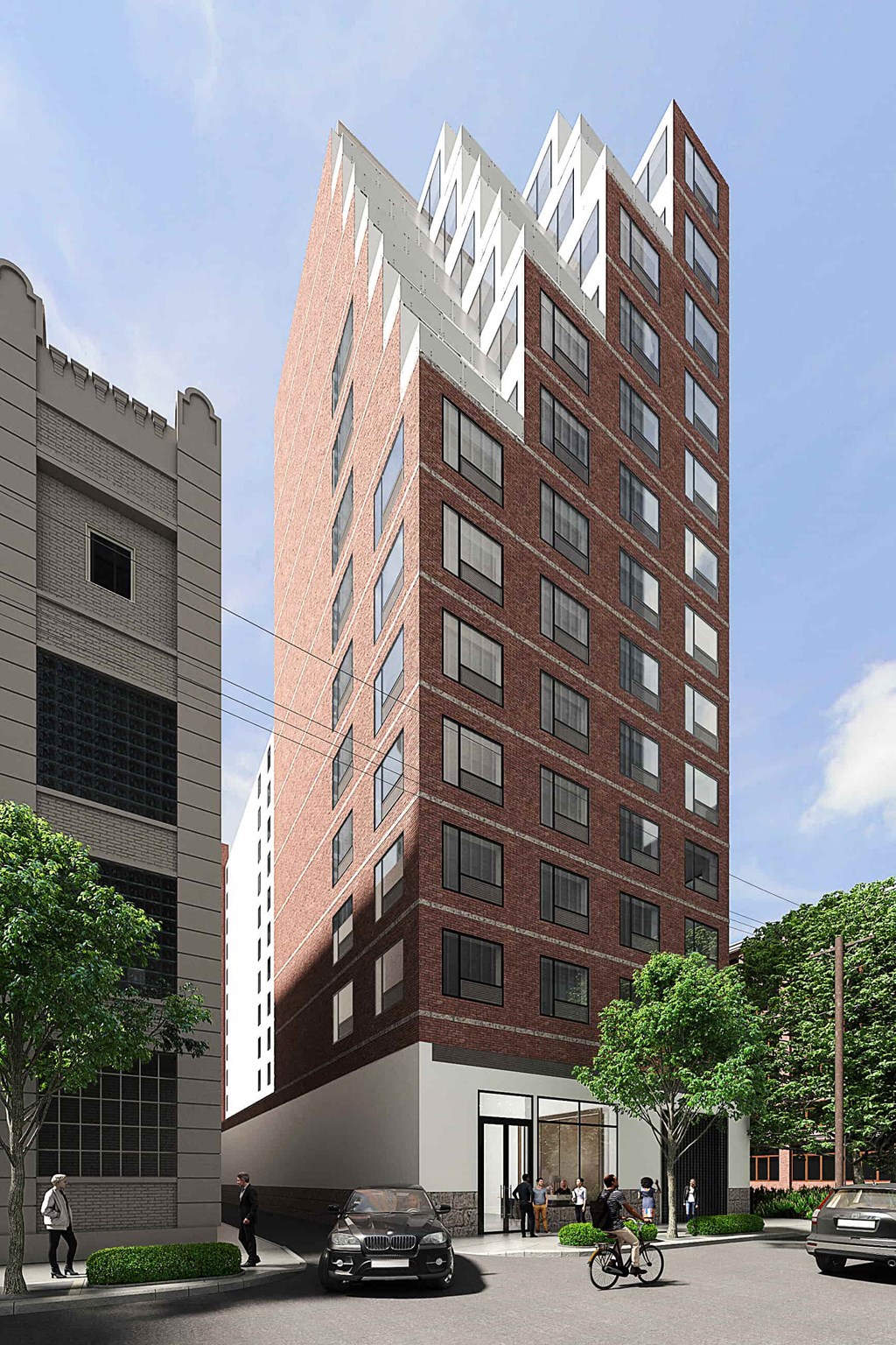 a rendering of a tall brick building on a city street
