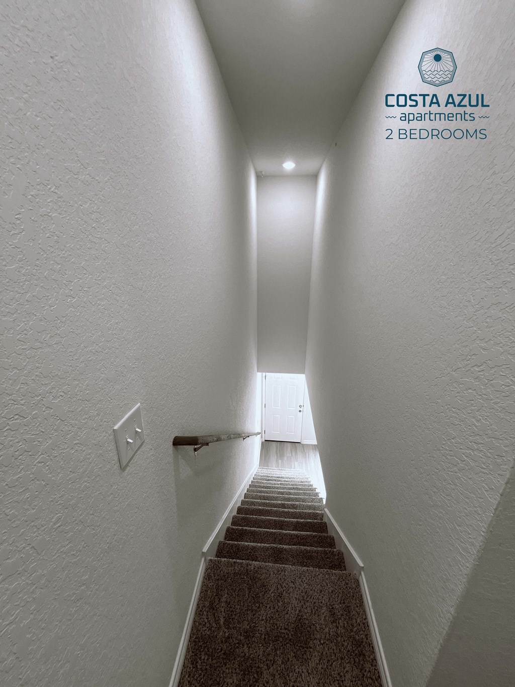 a hallway with stairs and a white wall and a carpet on the floor