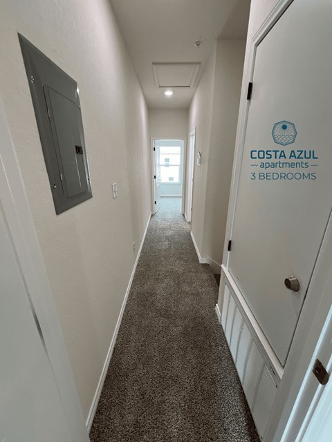 a corridor with a white door and a carpeted floor