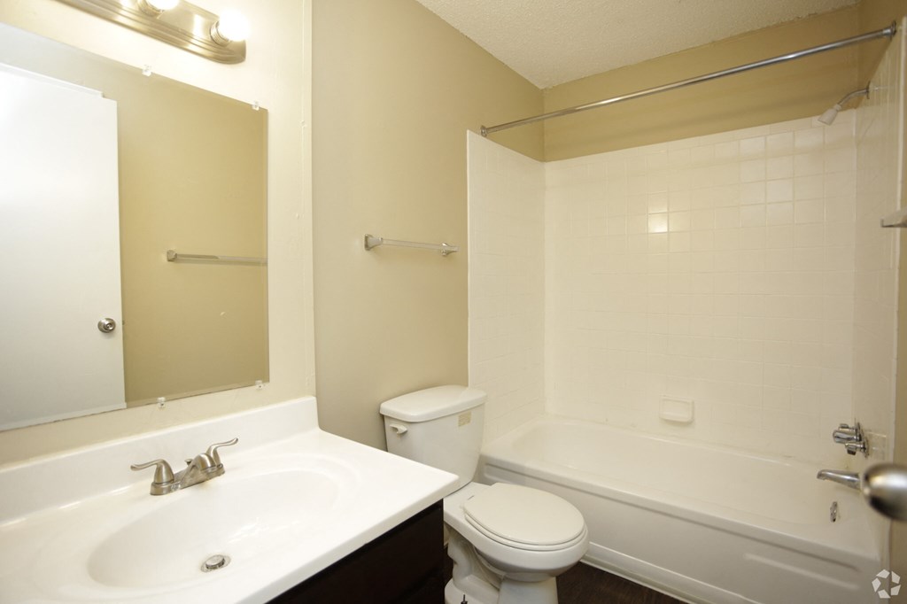a bathroom with a sink toilet and tub and a mirror