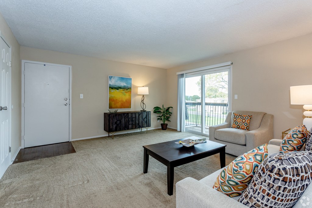 a living room with a couch and a coffee table
