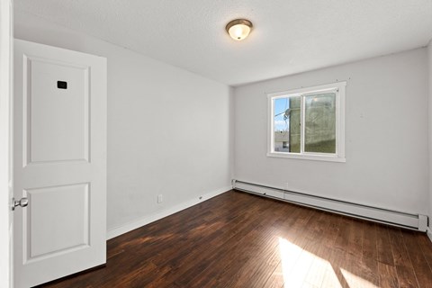 A room with a white door and a window with a view of trees outside.