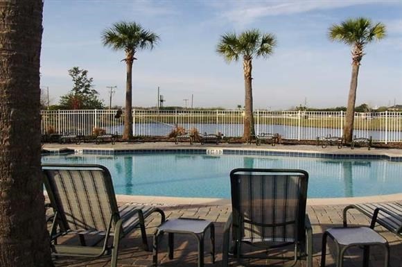 a swimming pool with chairs and palm trees