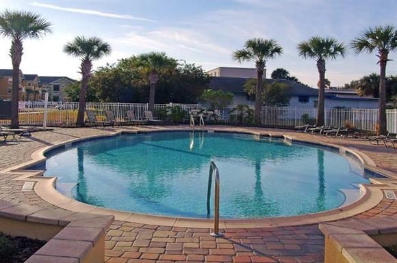 a large swimming pool with palm trees around it
