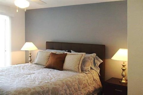 a bedroom with a bed and two lamps