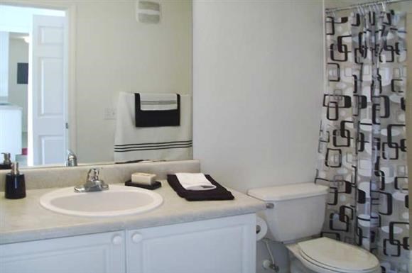 a bathroom with a sink and a toilet and a shower curtain