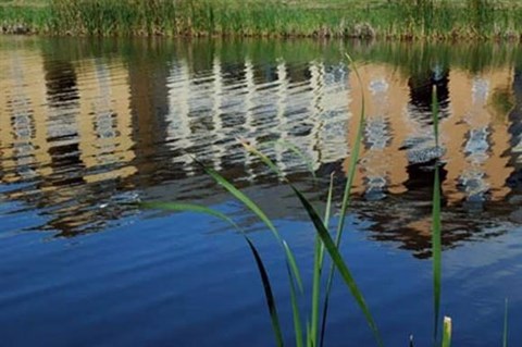 a reflection of a building in the water