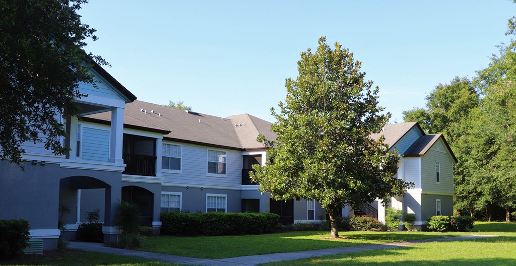 an apartment building with a tree in front of it