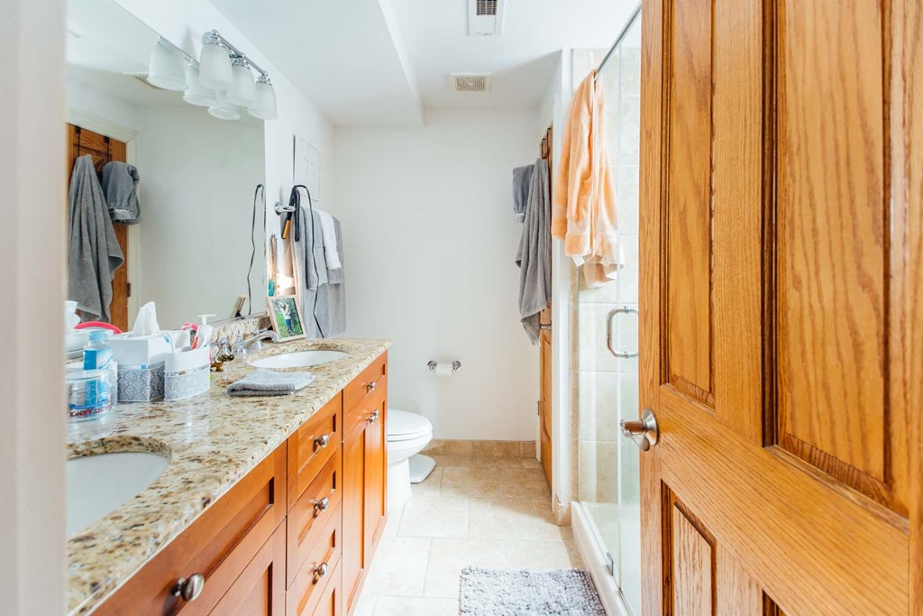a bathroom with a sink and a toilet and a shower