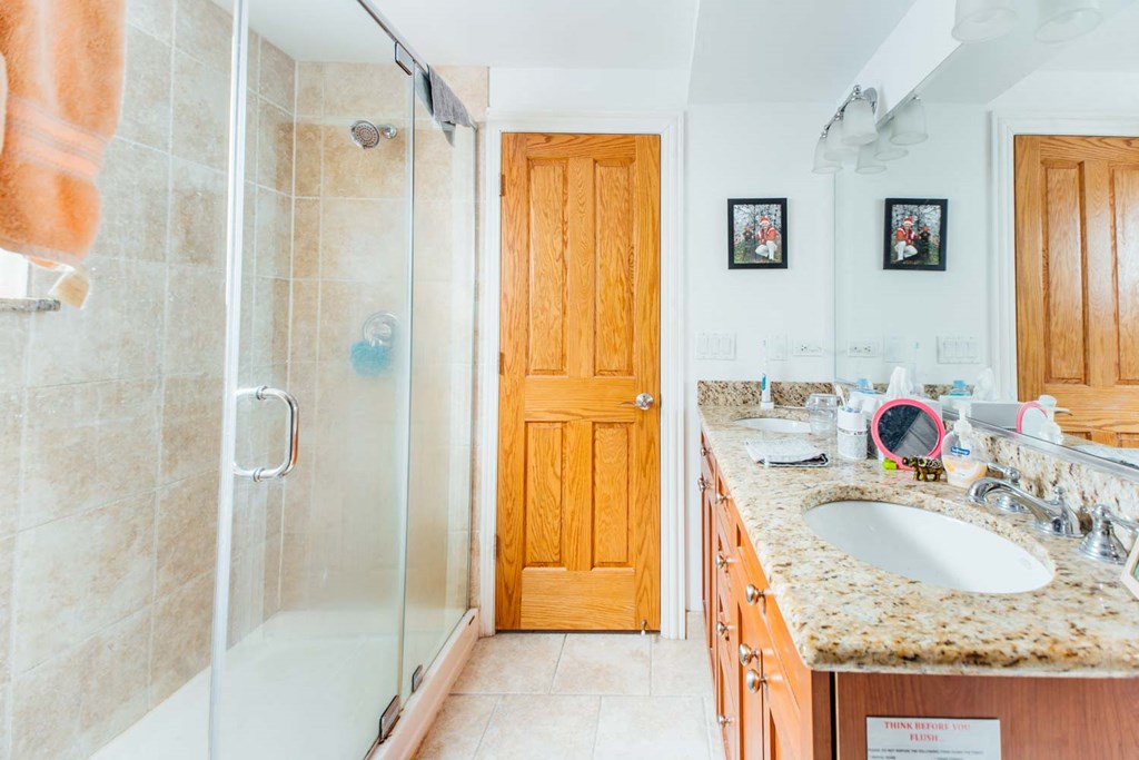 a bathroom with a sink and a shower