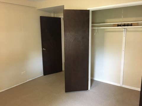 a bedroom with two closet doors and a carpeted floor