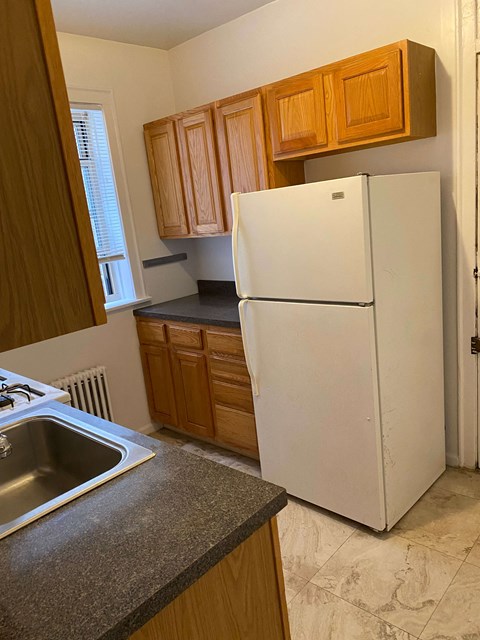 a kitchen with a refrigerator and a sink