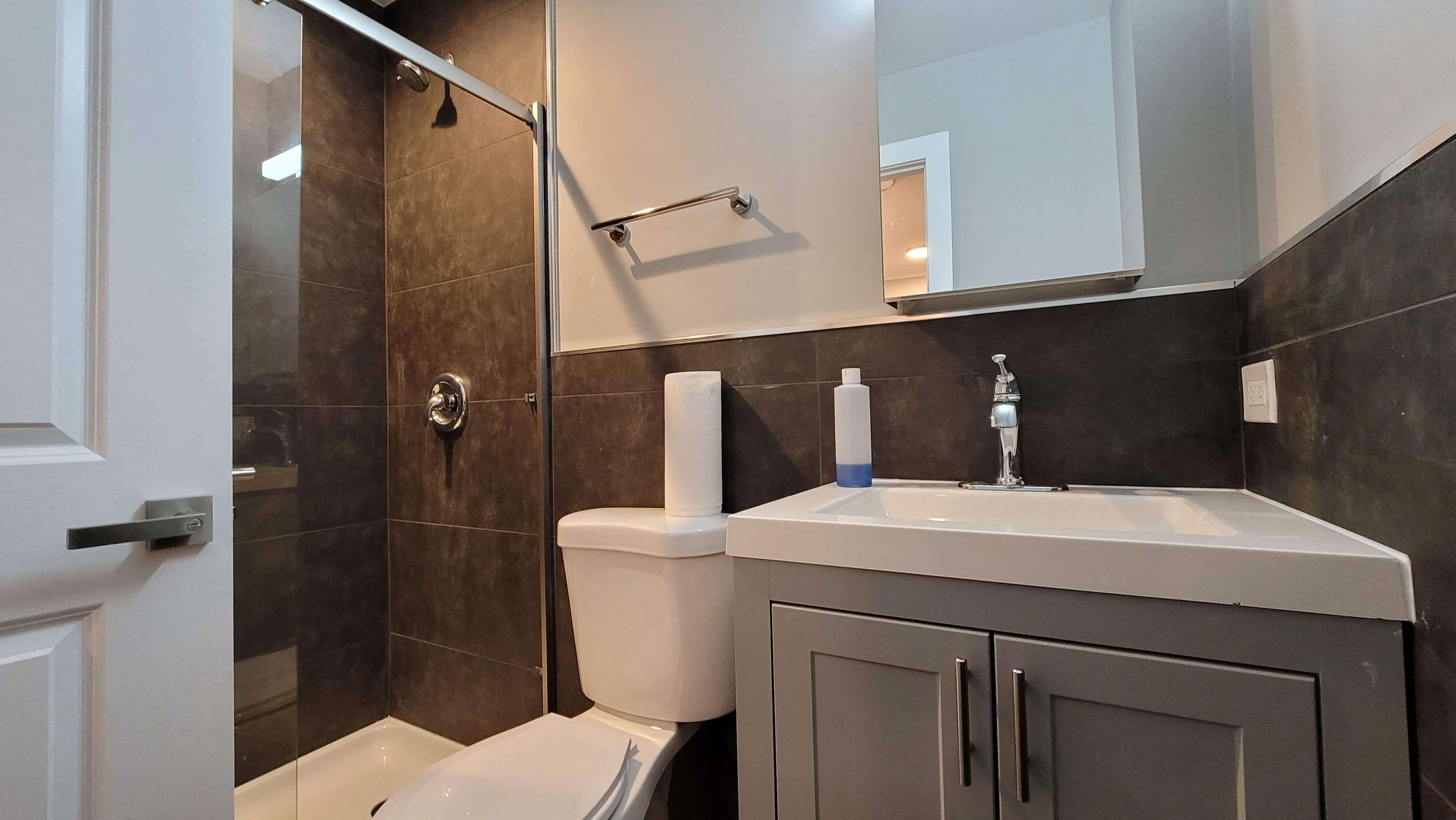 a bathroom with a sink and a toilet and a shower