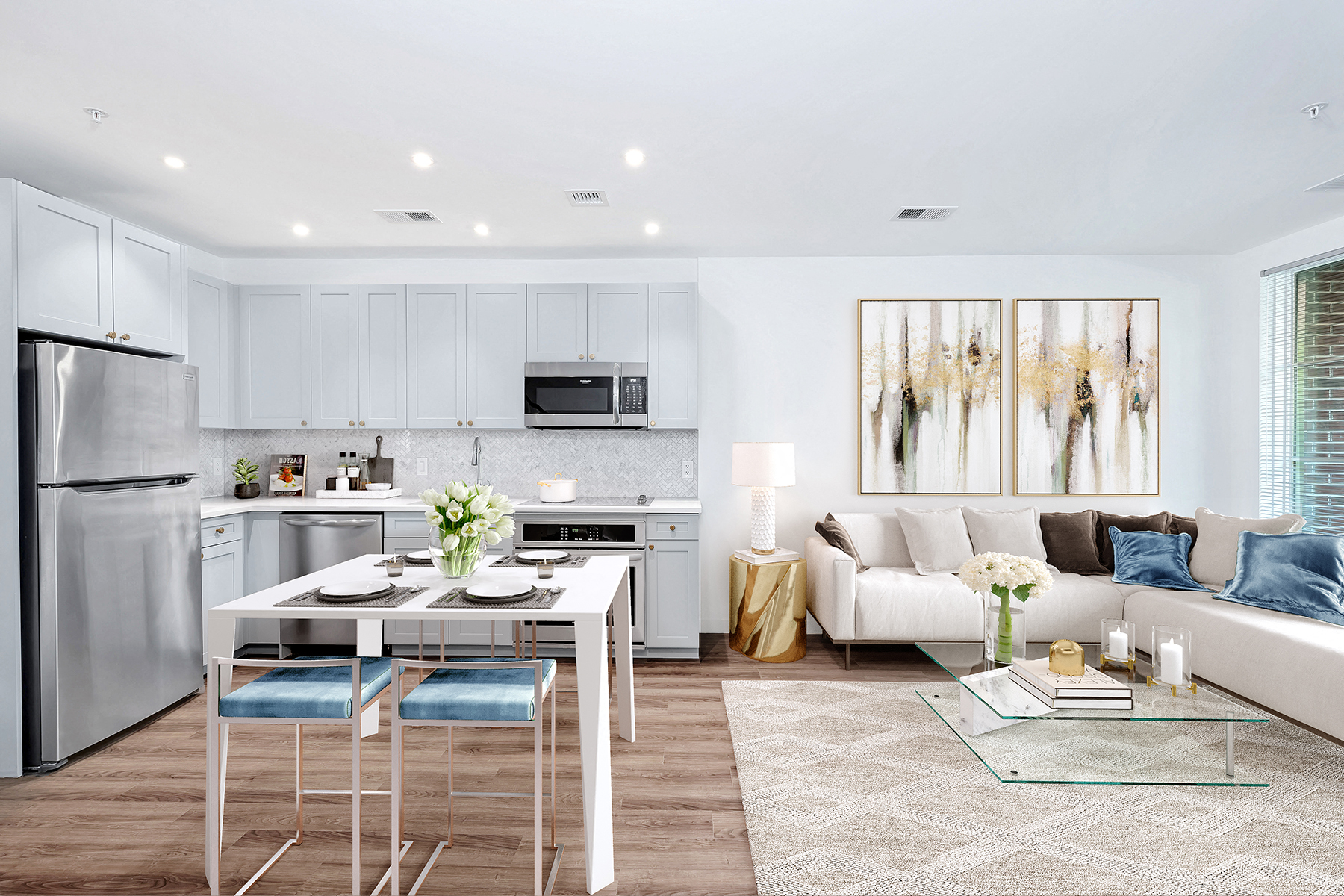 a living room with a couch and a table
