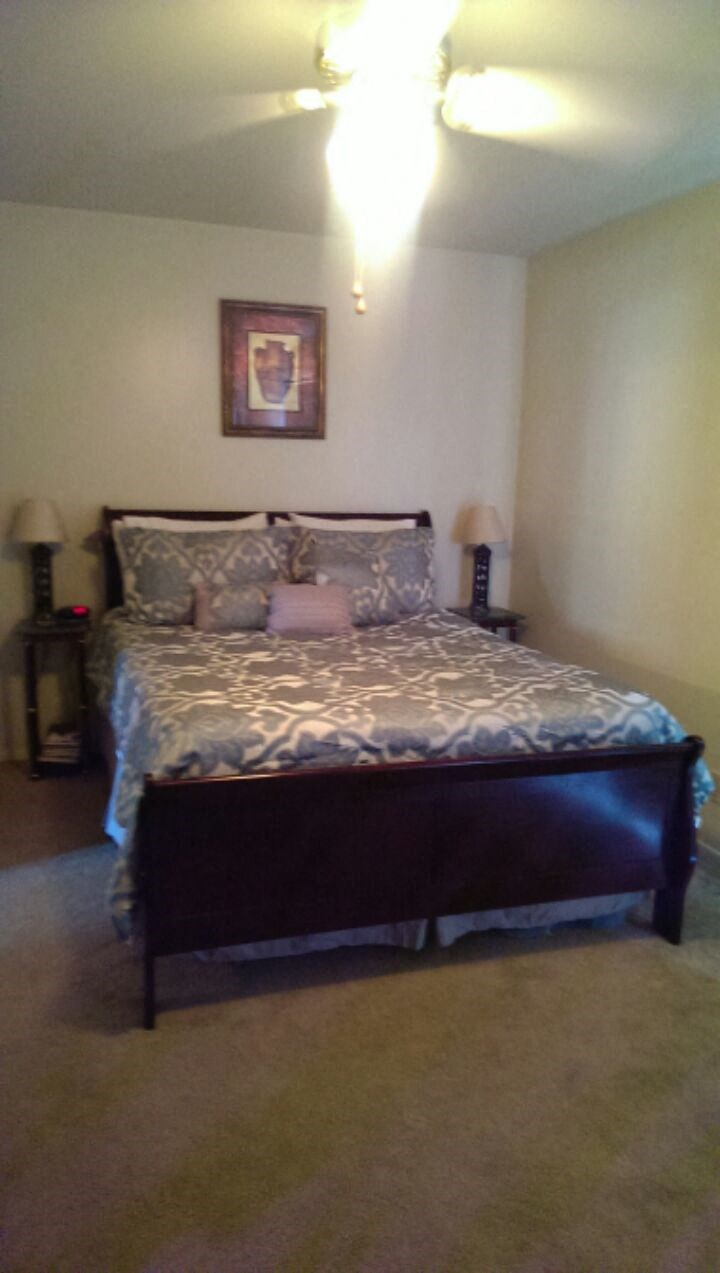 a bedroom with a bed and a ceiling fan