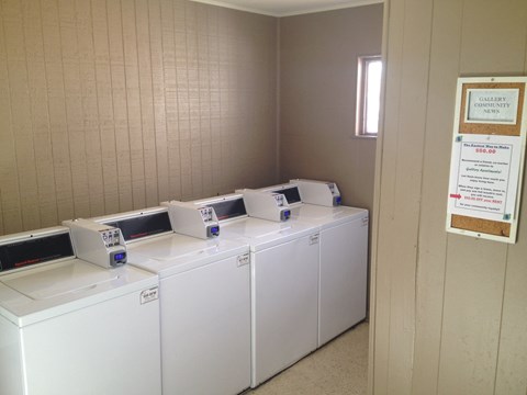 A row of washing machines are lined up in a laundromat.