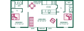 2 Bedroom / 2 Bath (with Fireplace) - Plan A