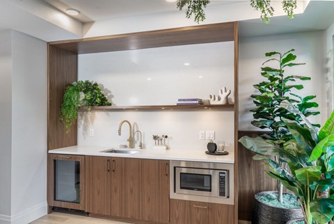 A modern kitchen with wooden cabinets and a glass shelf above the counter.